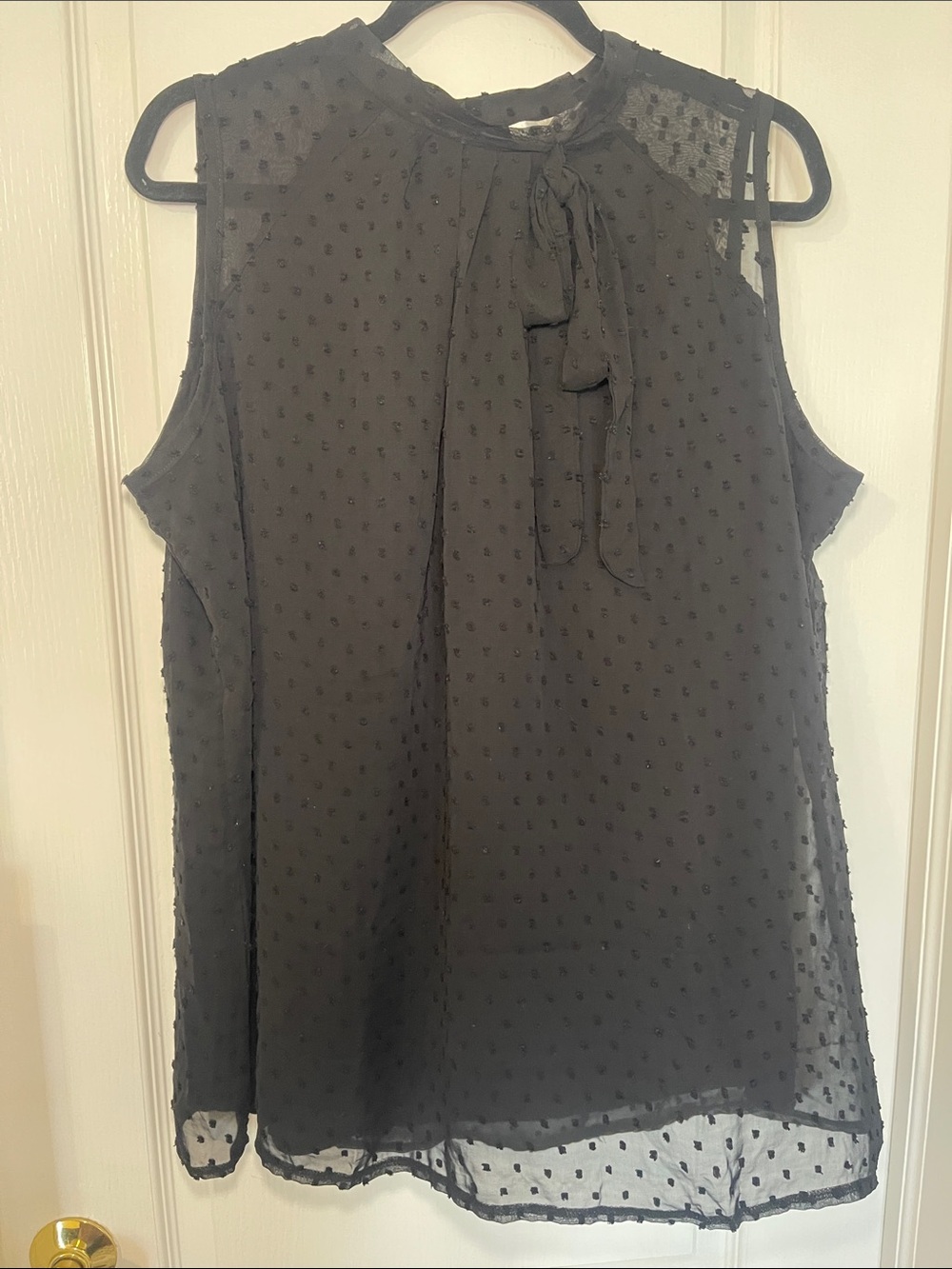 Elegant Black Sleeveless Blouse w/ Swiss Dot Detail